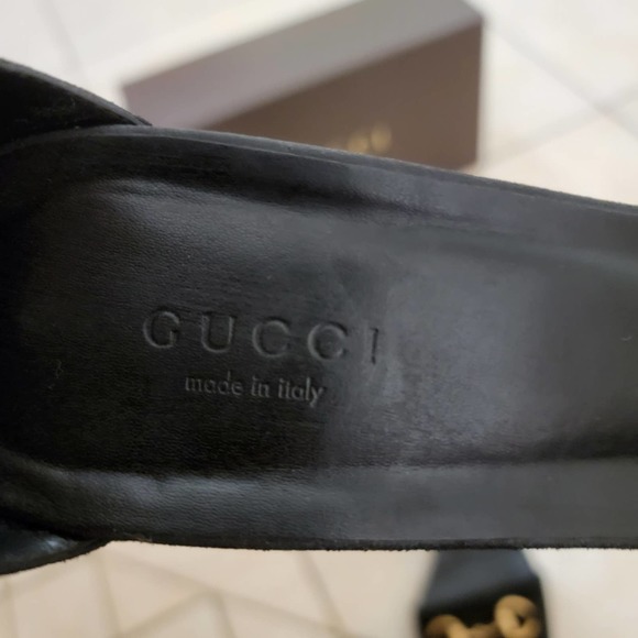 Gucci Suede Sandals Horsebit 38.5 Low Heel Black Gold Ankle Strap 338960 - Picture 6 of 15